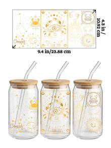 12款十二星座UV DTF转印贴纸，适用于16盎司Libbey玻璃杯（尺寸：9.4x4.3英寸），无需加热，所有星座图案均为金色星空女神占星图，防水可移除贴纸，DIY个性化生日礼物 - Zodiac 03 - 查看 5