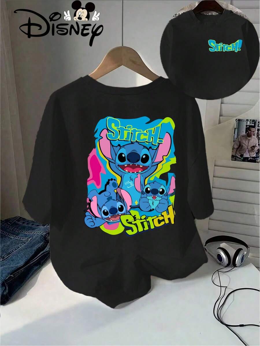 Disney  Popular Stitch Double-Sided Printed Pattern Spring And Summer Round Neck Short Sleeve Pullover Women'S T-Shirt - Black - View 1