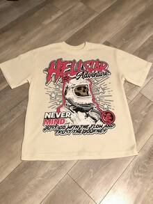 Astronaut Skull Hellstars Adventure Y2K Graphic T-Shirt, 220g 100% Cotton, Round Neck Short Sleeve, White Streetwear Essential For Summer Going Out, Unisex Style - Apricot - View 1
