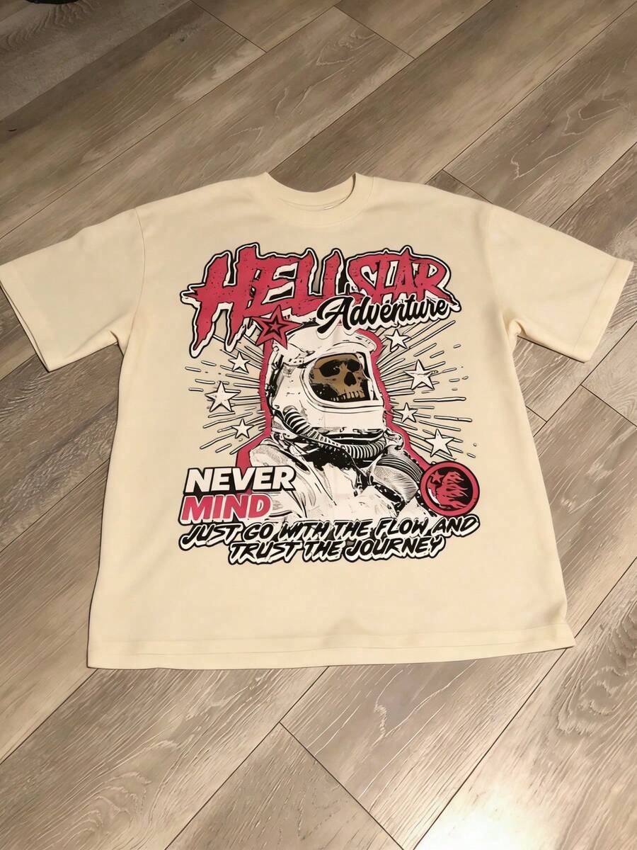 Astronaut Skull Hellstars Adventure Y2K Graphic T-Shirt, 220g 100% Cotton, Round Neck Short Sleeve, White Streetwear Essential For Summer Going Out, Unisex Style - Apricot - View 1