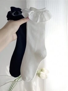 1 Pair Women's Knee-High Socks, Black & White Lace Trim Slimming Leg Socks For Spring/Summer, Versatile Wear With Skirts - Multicolor - View 4