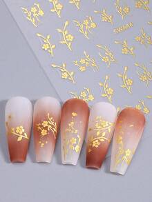 3D金色花叶美甲贴纸2片装，金属古铜色花瓣叶子，春夏花卉印花设计，DIY Y2K全息奢华自粘凝胶指甲油美甲贴片，滑动式美甲装饰 - 金色 - 查看 6