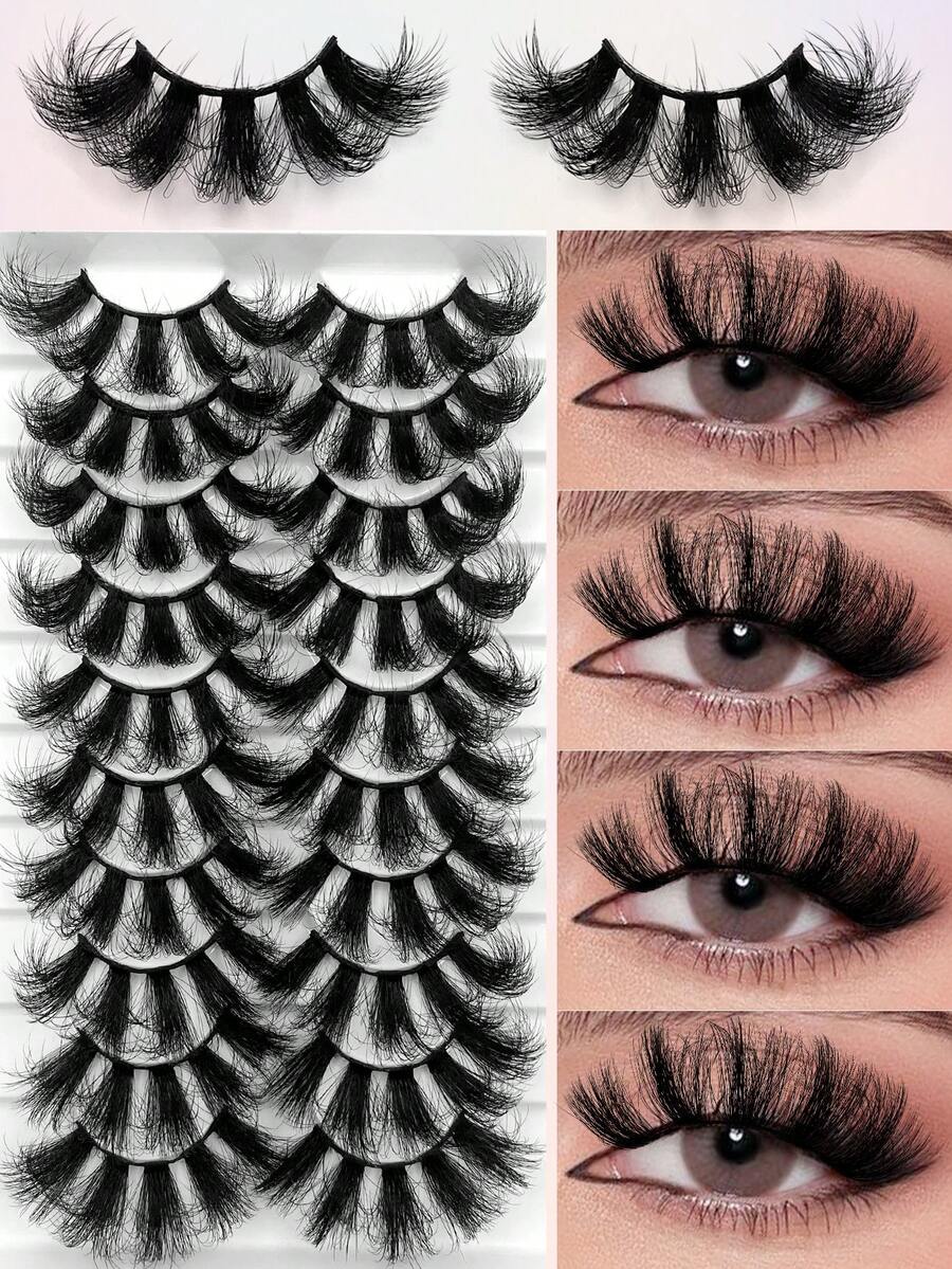 ENCHUW 10 Pairs False Eyelashes 25mm Lashes Wispy Long Lashes Dramatic Volume Fluffy Eye Lashes Pack For Women Soft Reusable Fake Eyelashes - Black - View 1