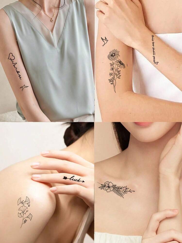 (6/8個セット) クリエイティブ バタフライ、葉、バラ、鳥、月、リース、文字、角、蛇、サソリ、クラゲ、その他植物柄一時的タトゥー、防水&耐久性、ユニセックス セクシーな偽タトゥーステッカー - ブラック - 見る 9