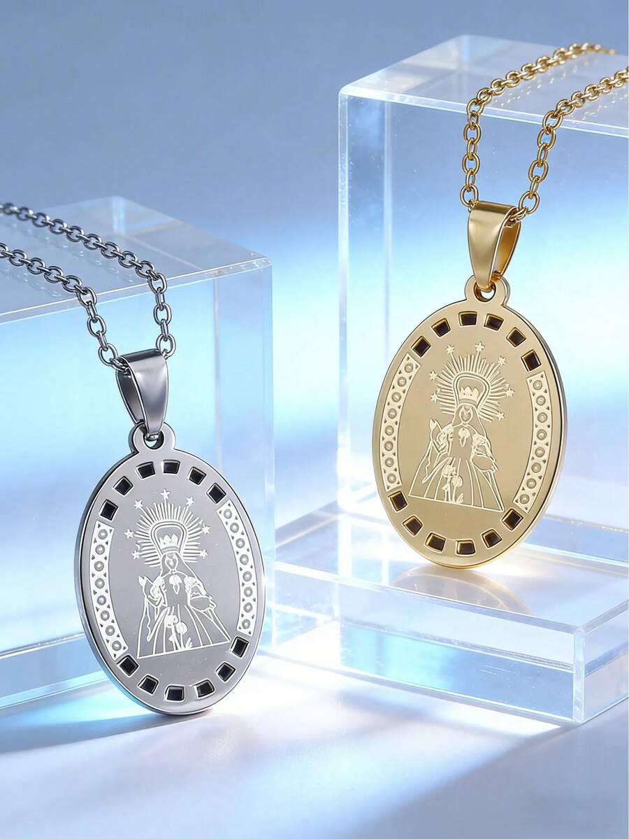 1pc Retro Catholic Virgin Mary Pendant Necklace Gold/Silver Plated Religious Jewelry Gift - Multicolor - View 1