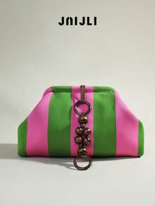 JNI JLI Beige & Black Striped Clutch Purse With Wooden Bead & Ring Detail Women Stylish Handbag Cross Body Bag Travel Essential Casual Daily Use Bags Vintage Sling Bag Fashion Handbags Mini Purses Practical Shoulder Bag Clutch Bag Ladies Daily Purse Versatile Crossbody Shoulder Bag Spacious Evening Bag Must-Have Outfit Accessory Everyday Use Fashion Purse Casual Style Shoulder Bag - Màu xanh Ô liu - Xem 1