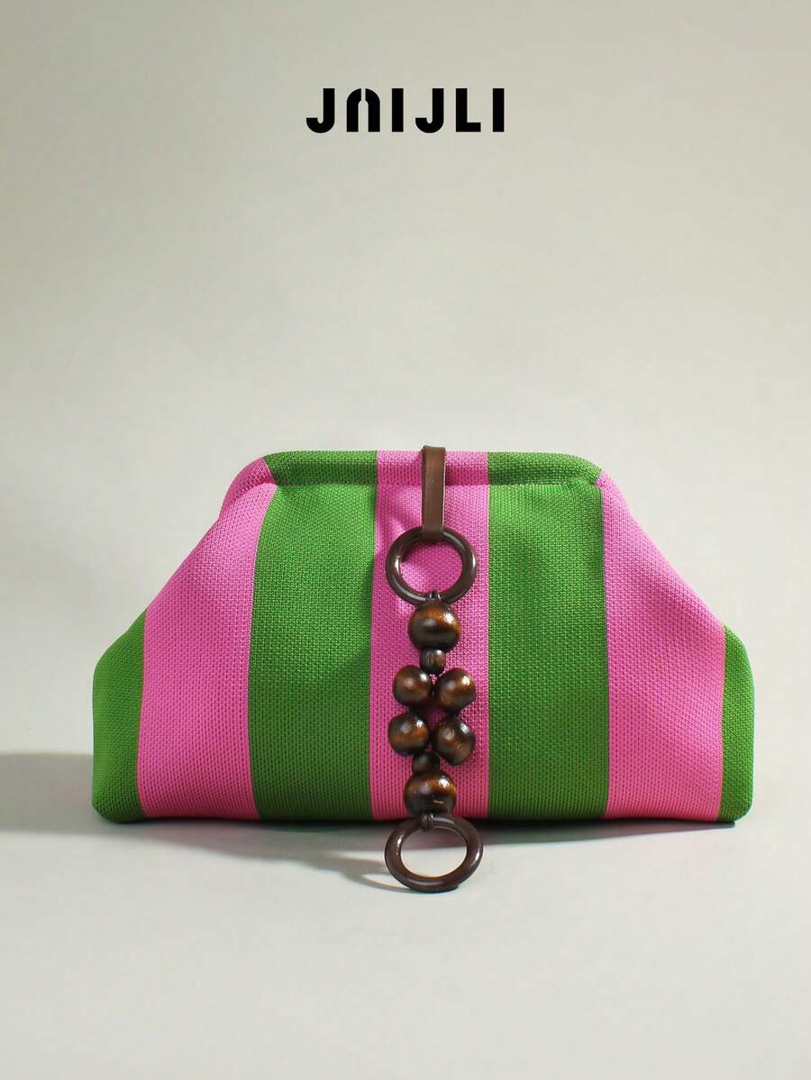 JNI JLI Beige & Black Striped Clutch Purse With Wooden Bead & Ring Detail Women Stylish Handbag Cross Body Bag Travel Essential Casual Daily Use Bags Vintage Sling Bag Fashion Handbags Mini Purses Practical Shoulder Bag Clutch Bag Ladies Daily Purse Versatile Crossbody Shoulder Bag Spacious Evening Bag Must-Have Outfit Accessory Everyday Use Fashion Purse Casual Style Shoulder Bag - Màu xanh Ô liu - Xem 1
