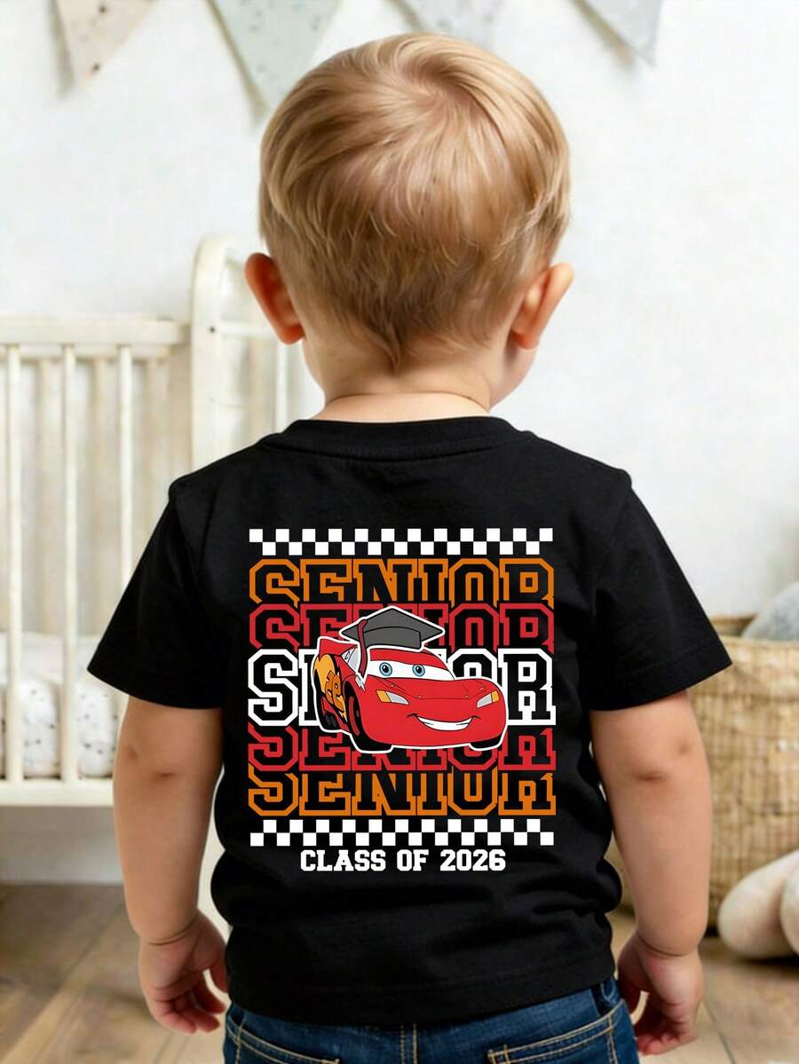 This Disney Cars Lightning McQueen Graphic Casual Short-Sleeved T-Shirt With A Round Neckline Is Designed For Both Baby Boys And Girls, Making It An Ideal Choice For Summer Wear. - Black - View 1