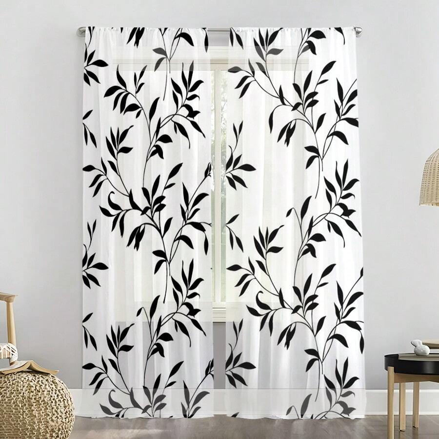 2片装黑白叶藤印花现代简约风格薄纱窗帘，100%涤纶面料，杆袋式设计，无衬里，90克/平方米，幅宽180厘米，适用于卧室、客厅、餐厅和浴室。 - 彩色 - 查看 1