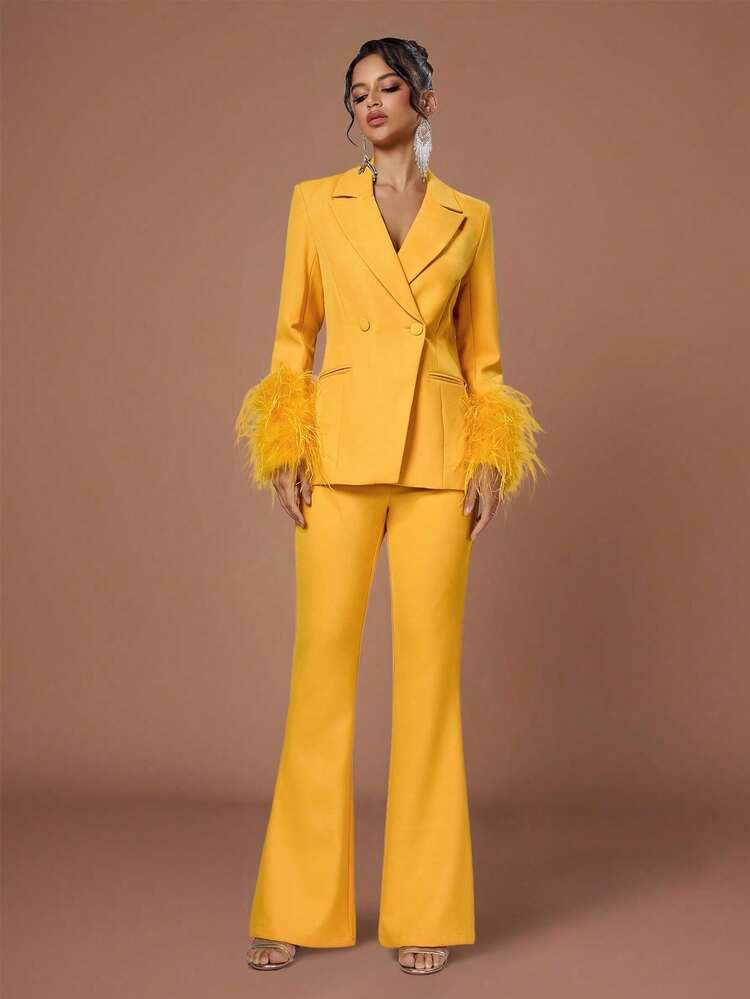 Conjunto de traje de mujer elegante de doble botonadura amarillo con puños y cuello con plumas, manga regular, tela sin estiramiento para ocasiones elegantes - Amarillo - Añade 8