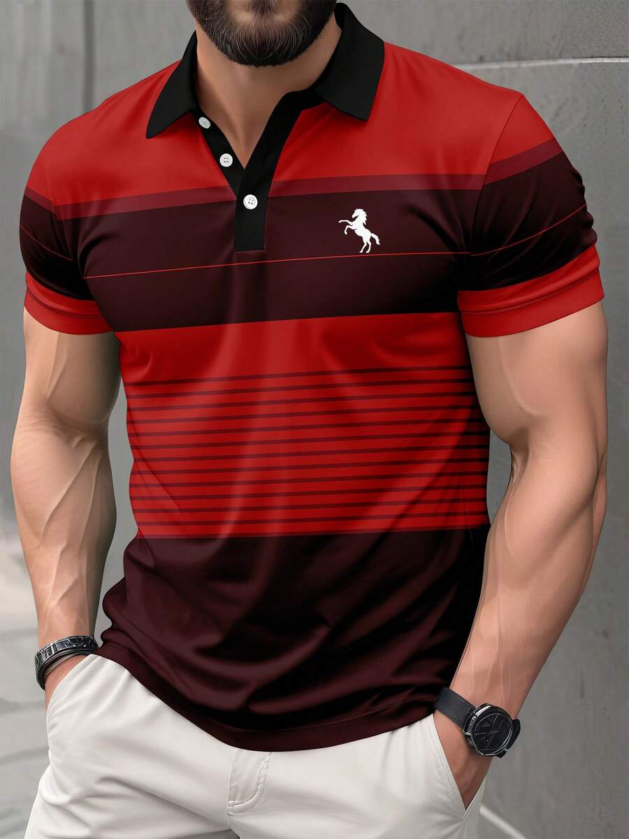 Plus Size Men's Casual Striped Print Short Sleeve Polo Shirt Sports - Red - View 1