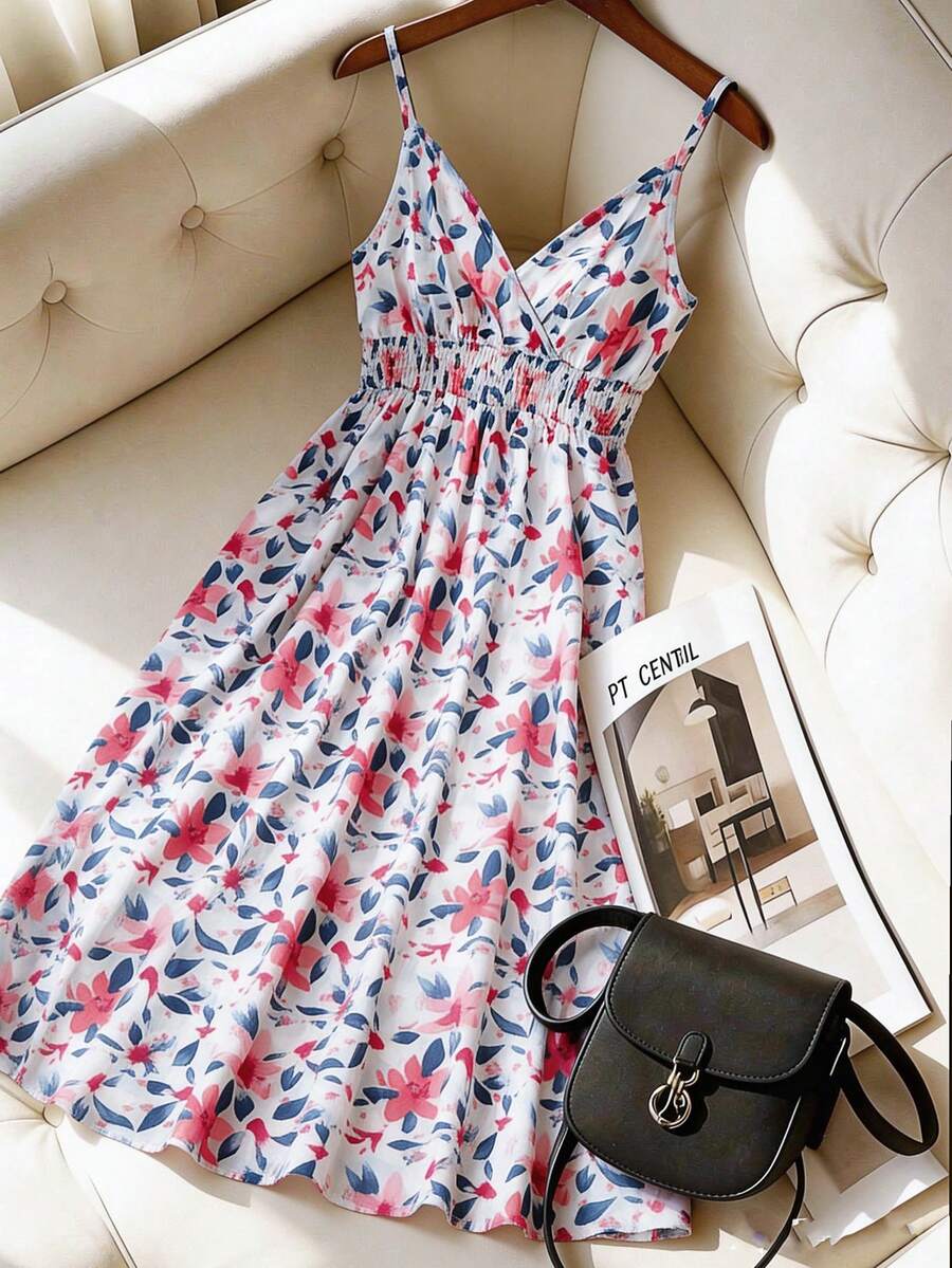 女士休闲碎花连衣裙，通体花卉图案波西米亚风交叉沙滩度假连衣裙 - 彩色 - 查看 1