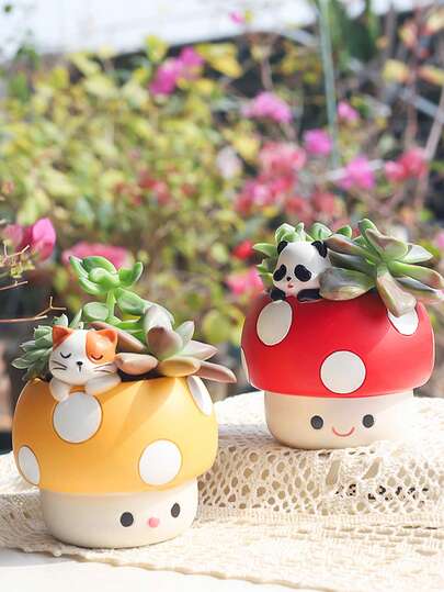 Cute Mushroom Planter With Animal Figurine, Succulent Pot For Indoor Plants, Kawaii Room Decor For Desk, Shelf, Bathroom, Office, Boho Home Accent, Gift For Plant Lovers, Women, Kids, Spring Garden Decor, Aesthetic Bedroom & Nursery Decor