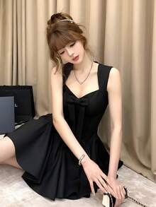 法式贵族蝴蝶结无袖玫瑰印花修身收腰公主裙，夏季优雅 - 黑色 - 查看 3