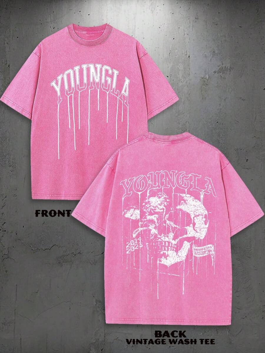1PC Y2K Vintage Washed T-Shirt | Men's Graphic Tee | YLA Dripping Skull Design Pattern | Gifts For Men Or Boyfriend | 100% Cotton | 230Gsm Thickened Fabric | Unisex - 玫紅色 - 查看 1