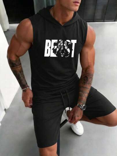 Bộ đồ thể thao nam 2 món, gồm áo ba lỗ có mũ màu đen và quần short, in họa tiết "BEAST", thích hợp cho các hoạt động ngoài trời, tập thể dục và mặc thường ngày.