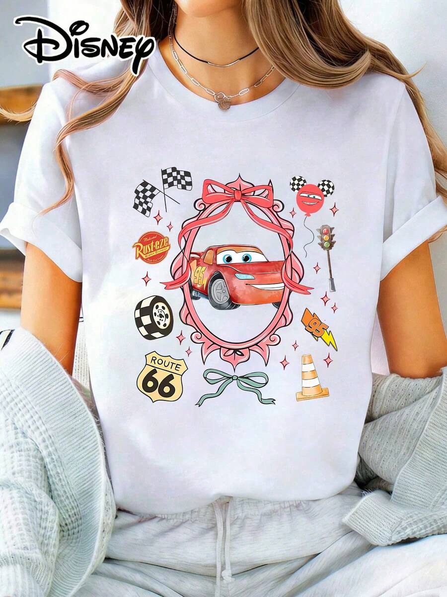 Loose Fit Crew Neck T-Shirt | Disney Cars Coquette Theme | Vacation Wear. Made From Soft, Comfortable, And Durable Pure Cotton, This Is An Ideal Choice For Spring And Summer. This Crew Neck T-Shirt Is Suitable For Everyday Wear, Shopping, Parties, Travel, And Gatherings, And Also Makes A Thoughtful Gift. - White - View 1