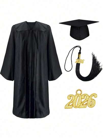 毕业帽和长袍带口袋 2025 流苏，适合高中和大学，100% 材质，哑光中性成人毕业帽、长袍和流苏 3 件套万圣节