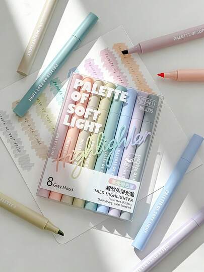 8支/套 超软头荧光荧光笔，适合学生和办公人士使用，可用于涂鸦、写日记、标记重点、荧光绘画，是日记写作、学习用品、节日礼物、返校礼物和绘画的理想之选。