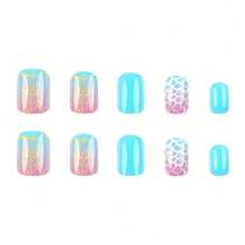 24pcs Short Square Press On Nails Blue Gradual Change Style Fake Nails Glossy Artificial Finger Manicure False Nails - Chuyển sắc xanh lam - Xem 9