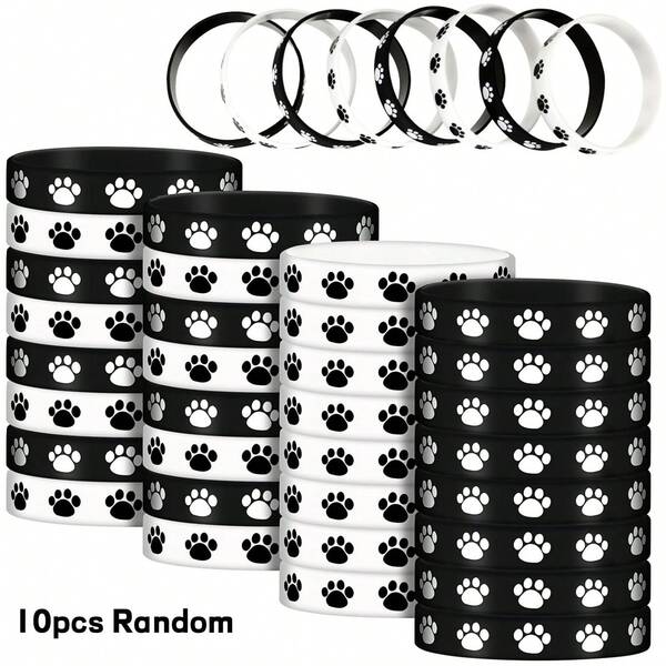 10 Stücke Tatzen-Muster Gummi Armbänder, mehrfarbige Silikon Dehnbare Armbänder für Geburtstags-Party Zubehör, Schwarz, Weiß
