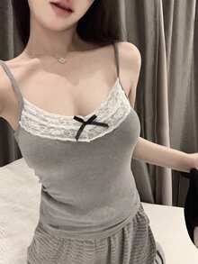 法式蕾丝吊带背心，带衬垫胸罩，性感吊带衫，女士春夏款 - 灰色 - 查看 1