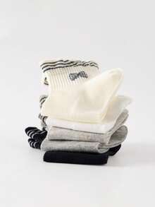 5 paires de chaussettes de cheville respirantes pour femmes, avec volants et nœuds, rayures noires, blanches et grises, pour le printemps/été - Multicolore - Voir 2
