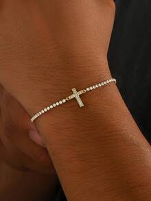 1件男士奢华锆石十字架网球手链，闪耀的基督教元素珠宝，精致的男士饰品，适合作为复活节礼物和日常佩戴 - 金黃色 - 查看 6