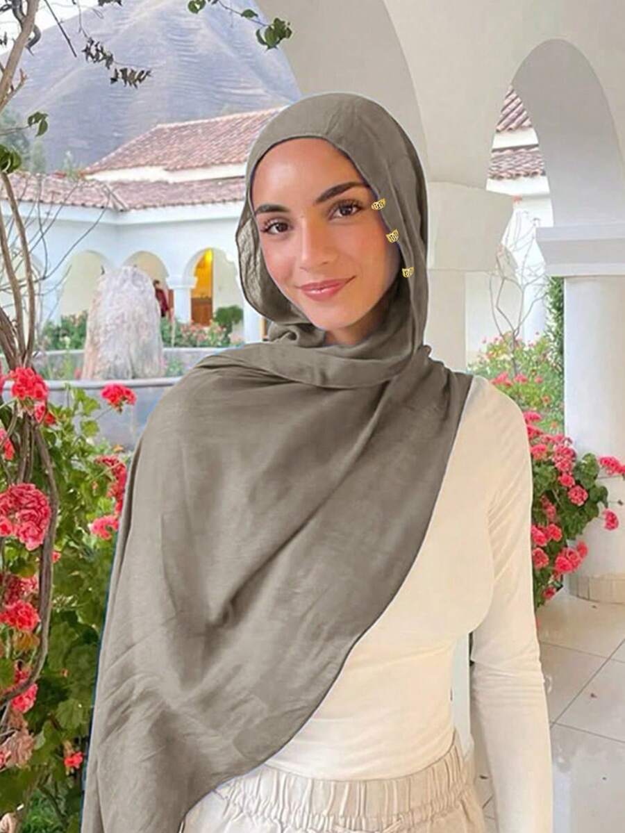 1pc Solid Color Soft Abaya Accessory, Breathable Lightweight Modal Headscarf With Accessory, Suitable For Pairing With Dresses