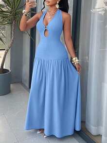 AIJ Amarilo Women's Blue Solid Sexy Elegant Casual Flattering Halter Neck Backless Smocked Shirred Keyhole Cut Out Floor Length Maxi Dress Spring Summer Beach Vacation Party Wedding Guest Spring Break Graduation Season Prom Season Holiday Season Long Sundress - Blue - View 4