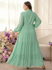 Elegant Plus Size Light Green Women's Long Dress, Long Sleeve Tie Collar Ruffle Hem A-Line Formal Dress Spring - Mint Green - View 2