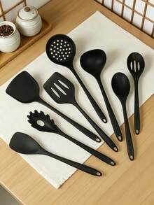 8pcs Silicone Kitchen Cooking Utensil Set, Including Chinese Spatula, Wok Spatula, Soup Ladle, Strainer, Frying Spatula, Pasta Server, Salad Tongs, Honey Dipper, Available In Red And Black Colors - Multicolor - View 13