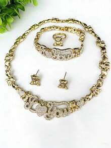 4pcs Women's Gilded Cute Rhinestone Bear Necklace, Earrings, Bracelet, Ring Jewelry Set, Middle Eastern, Dubai, African, European And American Parties, Weddings, Easter, Valentine's Day, Holidays, Gifts For Sisters And Girlfriends - Yellow Gold - View 3