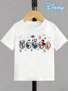 Disney-Childish Sailing Style! Disney Partner Double Sided Children's T-Shirt Front Sail Assembly+Rear Cruise Mickey Head Printed White Short Sleeved Top - 白色 - 查看 3