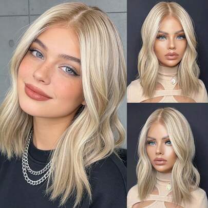 Fashionable Women's Lace Front Wig, Light Golden Blonde Color, Synthetic Hair With Brown Base And Golden Highlights, Natural Hairline, Short Wavy Bob Style, Heat Resistant