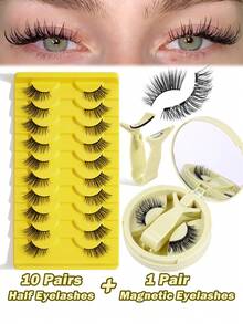MAANGE 10pcs/Set Magnetic False Eyelashes With Storage Box, Half Eye & Outer Corner Lengthening, Natural & Lightweight. Reusable, No Glue Needed, Magnetic Adsorption, Mixed Styles Of Dense & Curly Lashes Suitable For Party & Cosplay, Reusable - Black - View 14