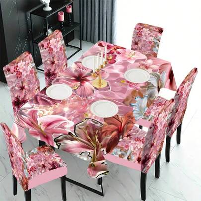 1/4/5/6/7/36pcs Spring & Summer Series Floral, Leopard Rose, Retro Floral Print Chair Cover/Seat Cushion Set, Suitable For Indoor Home, Restaurant, Hotel, Ideal For Modern Daily Decor. Tablecloth Fits Square Dining Table, Elastic Chair Cover Is Washable.