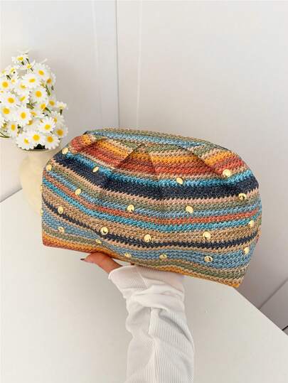 Colorful Faux Grass Woven Women's Dumpling Bag, Fashionable Evening Party Handbag, Faux Grass Woven Material Cloud Bag, Pleated Underarm Mini Bag, Suitable For Carrying Daily Necessities Such As Change, Lipstick, Mobile Phone, Etc., Suitable For Shopping, Daily Life, Dinners, Vacation Beach Bags