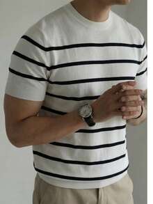 男士短袖针织撞色条纹套头毛衣 - 白色 - 查看 1