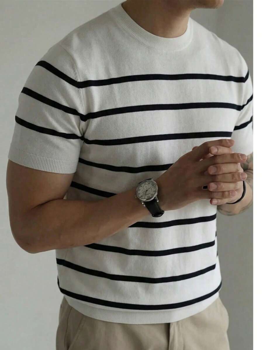 男士短袖针织撞色条纹套头毛衣 - 白色 - 查看 1