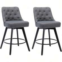 2pcs modernos tabuletos giratorios de la barra conjunto con patas de madera maciza, tabuletos de la barra de la altura del contador con la espalda, tejido de lino tapizado tabuletos de la barra para la isla de la cocina, 26 "H asiento - Lino gris - Ver 6