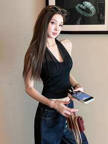優雅時尚網紗細肩帶背心，休閒時尚修身女款上衣 - 黑色 - 查看 4