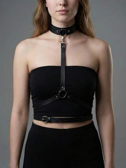 Gothic Punk Halter Layered Waist Harness, Adjustable PU Leather Strappy Corset Belt For Women, Y2K Body Chain & Festival Wear