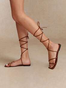 Tropiscape 女士编织系带平底凉鞋，仙女风格，罗马凉鞋 - 棕色 - 查看 2