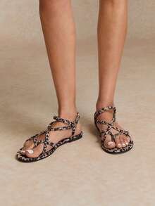 Tropiscape 露趾性感豹纹细高跟凉鞋，简约舒适面料平底女士凉鞋，2025 年夏季 - 五梅紋 - 查看 2