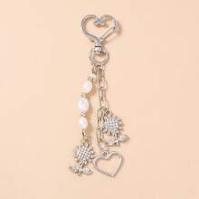 1件女士优雅简约珍珠串珠心形花朵钥匙扣，闪亮水钻向日葵钥匙圈吊坠 - 彩色 - 查看 6