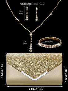 Women's Evening Clutch, New Glitter Party Bag, Sparkling Handbag, Comes With 3 PiecesRhinestone Jewelry Set, Suitable For Party, Wedding, Ball, Evening Event, Bridal Attire, Formal Occasion, Ball Gown, Birthday Dress - Gold - View 4