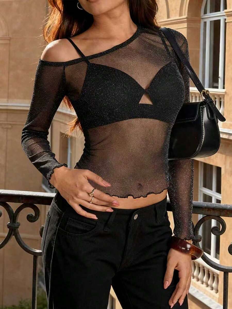 Dila Polly Women's Spring/Summer Shiny Mesh Asymmetric-Shoulder Long Sleeve Sheer Sexy Fashion Blouse, Party Tops - Black - View 1