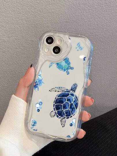 1pc Creative Blue Bow Seashell Sea Turtle Wave Shaped Screen Edge Protective Phone Case Compatible With Apple 7/8/X/XR/XSMAX/11/12/13/14/15/16/17 Pro Max, Galaxy A14/A15/A16/A17/A04/A05/A06/A07/A54/A55/A56/A57/A34/A35A/36/A37/S26/S26Plus/S26Ultra, Transsion SMART7/8/9/10