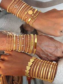 22/15/10/5件套多件可叠戴复古硬币、几何花朵、结饰、心形、仿珍珠、水钻、扭曲、波浪、交叉、编织、压纹、镂空、拼接设计、飞机链、蛇骨链、盒形链、反向字母链，金属简约风格素面链手链套装，时尚、优雅、复古，适合节日、派对、约会、送礼、日常佩戴 - 金黃色 - 查看 9